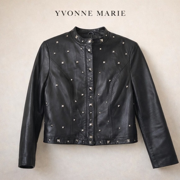 Yvonne Marie Jackets & Blazers - Yvonne Marie Lambskin Leather Jacket Studded Black Moto Jacket Cropped Leather C